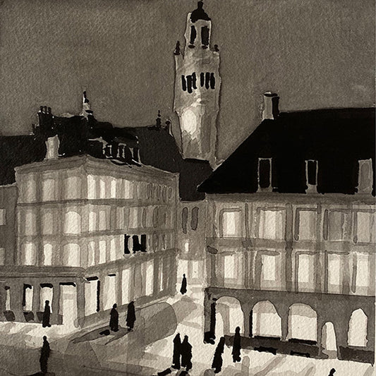 Détail d'une affiche d'Art de la Grand Place de Lille illuminée en noir et blanc