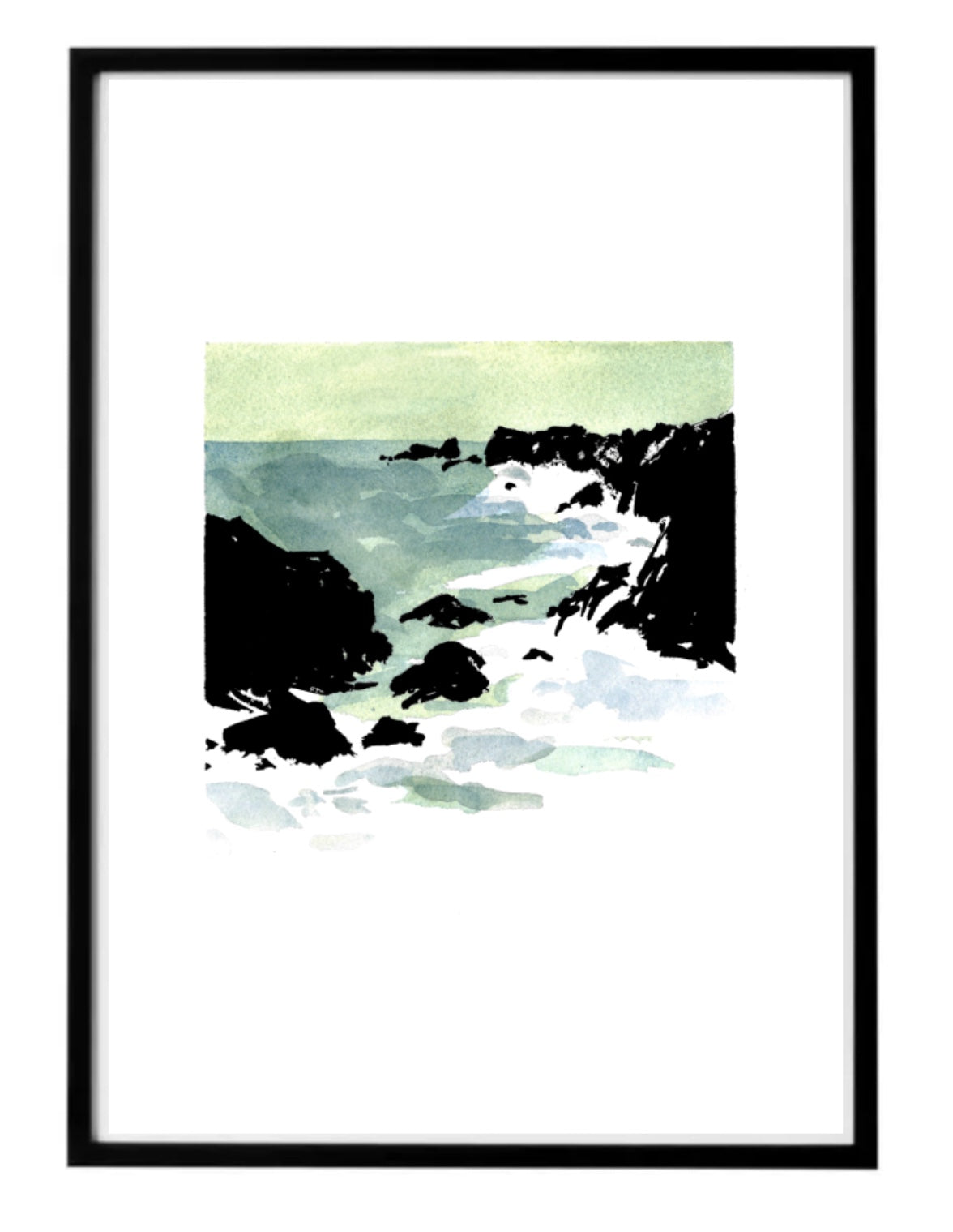Aquarelle d'une mer agitée en Bretagne en cadrée