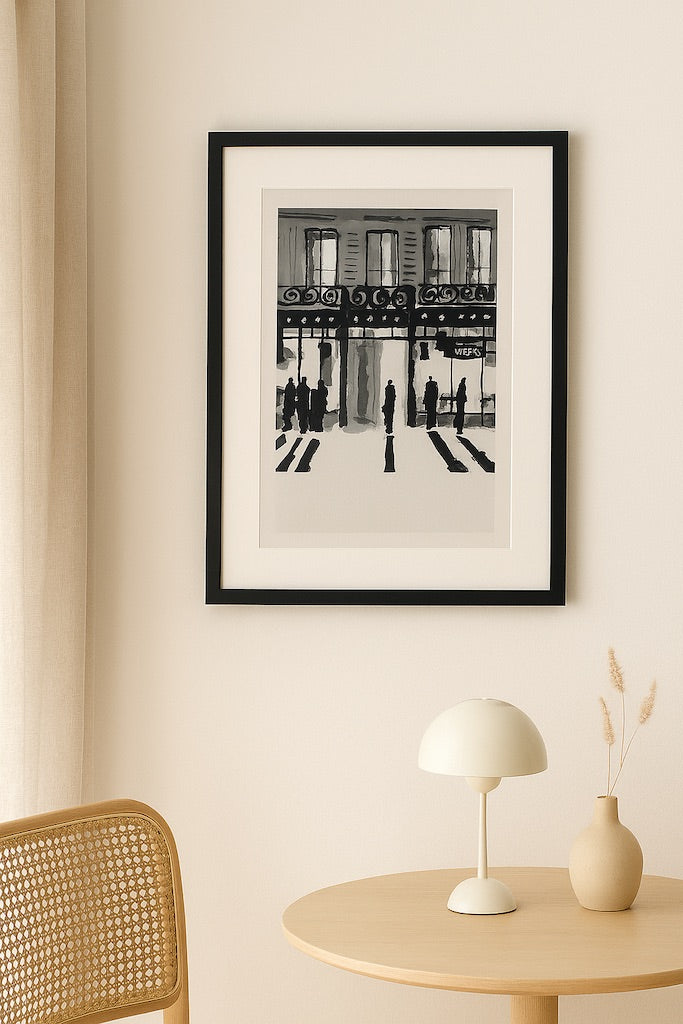 Affiche d'Art en noir et blanc de la boutique Méert à Lille encadrée dans un salon 