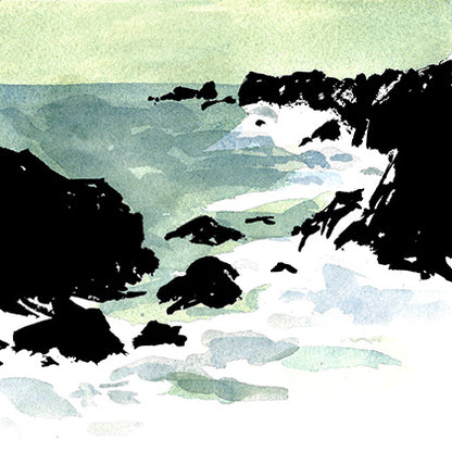 Détail d'une aquarelle d'une mer agitée en Bretagne