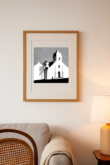Affiche d'Art de l'église de Locmaria à Belle-île-en-Mer encadrée dans un salon
