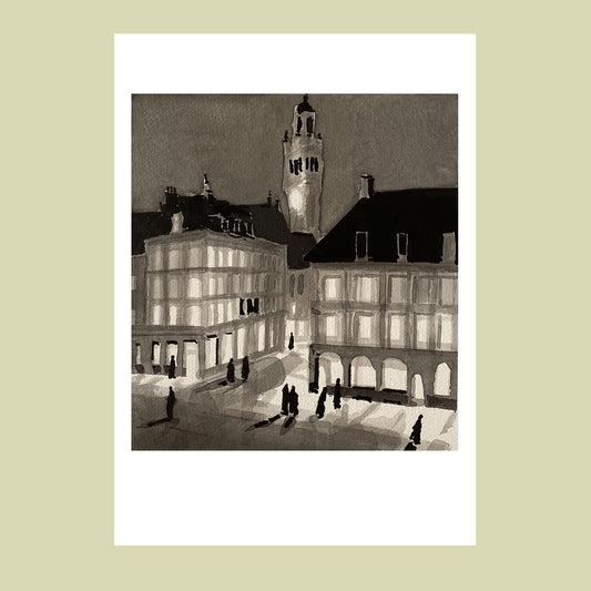 Affiche d'Art de la Grand Place de Lille illuminée en noir et blanc
