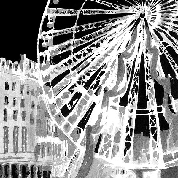 Tirage d'art à l'encre de chine de la Grande Roue de Lille en noir et blanc, vue urbaine emblématique.