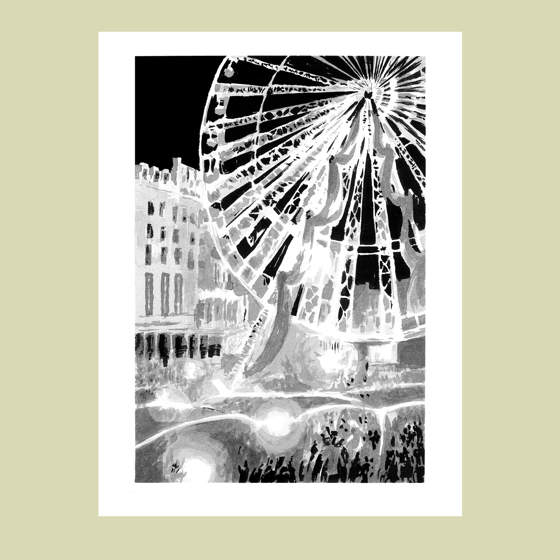 Tirage d'art à l'encre de chine de la Grande Roue de Lille en noir et blanc, vue urbaine emblématique.