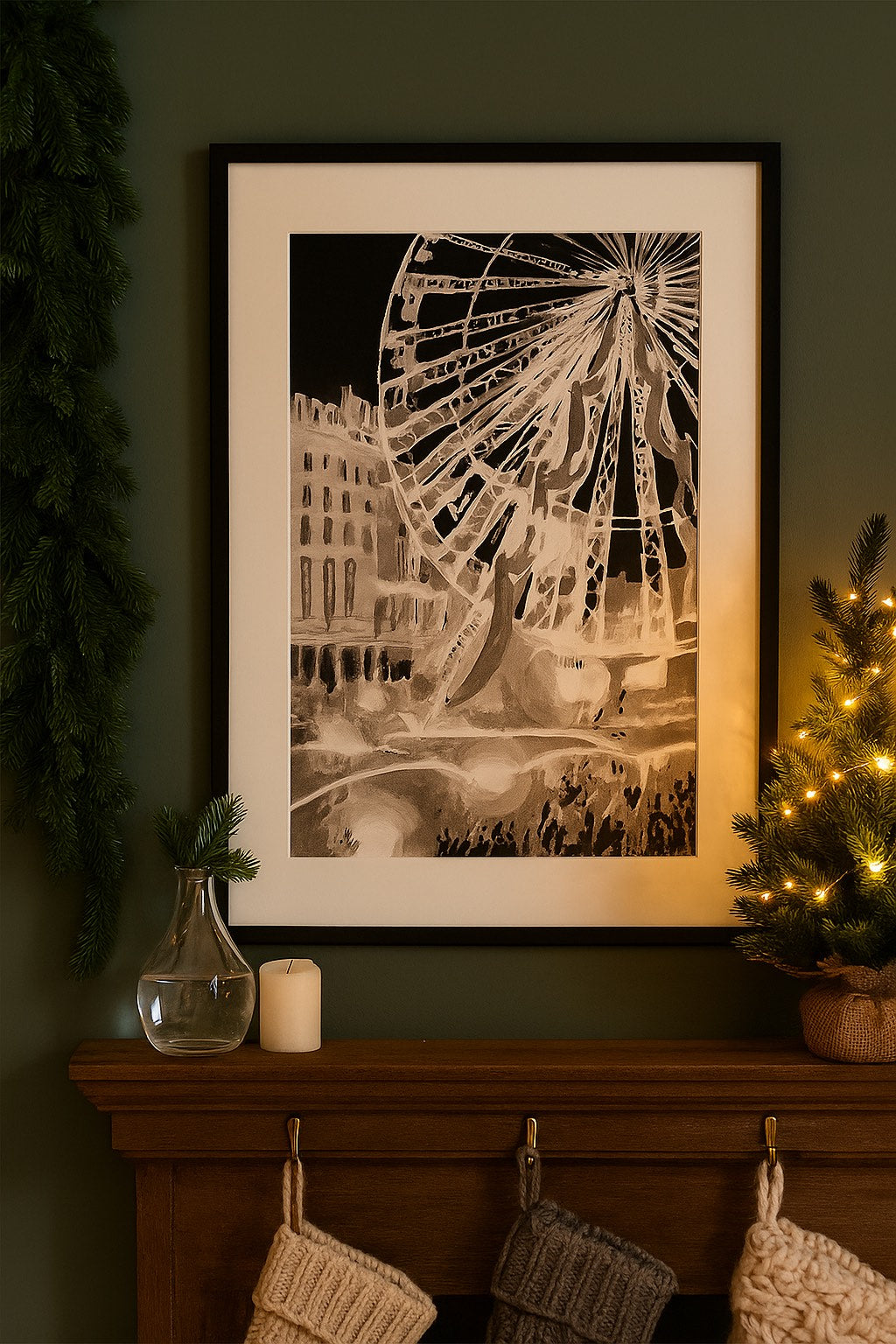 Tirage d'art encadré dans un intérieur chaleureux de la Grande Roue de Lille en noir et blanc.