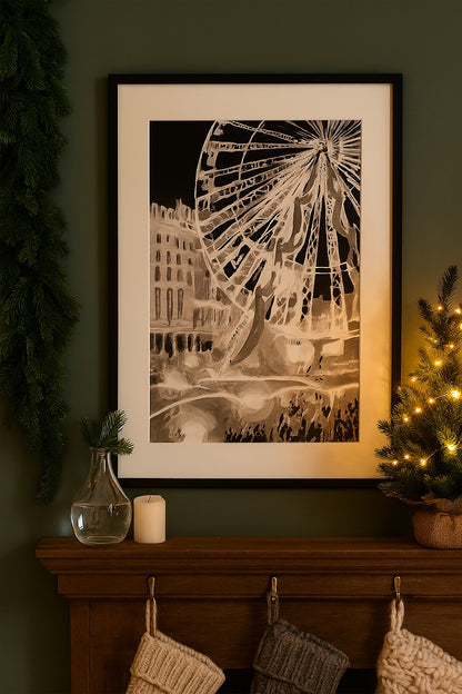 Tirage d'art encadré dans un intérieur chaleureux de la Grande Roue de Lille en noir et blanc.