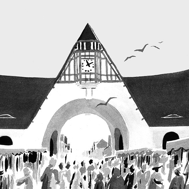 Zoom sur affiche d'Art en noir et blanc de l'ambiance du marché du Touquet