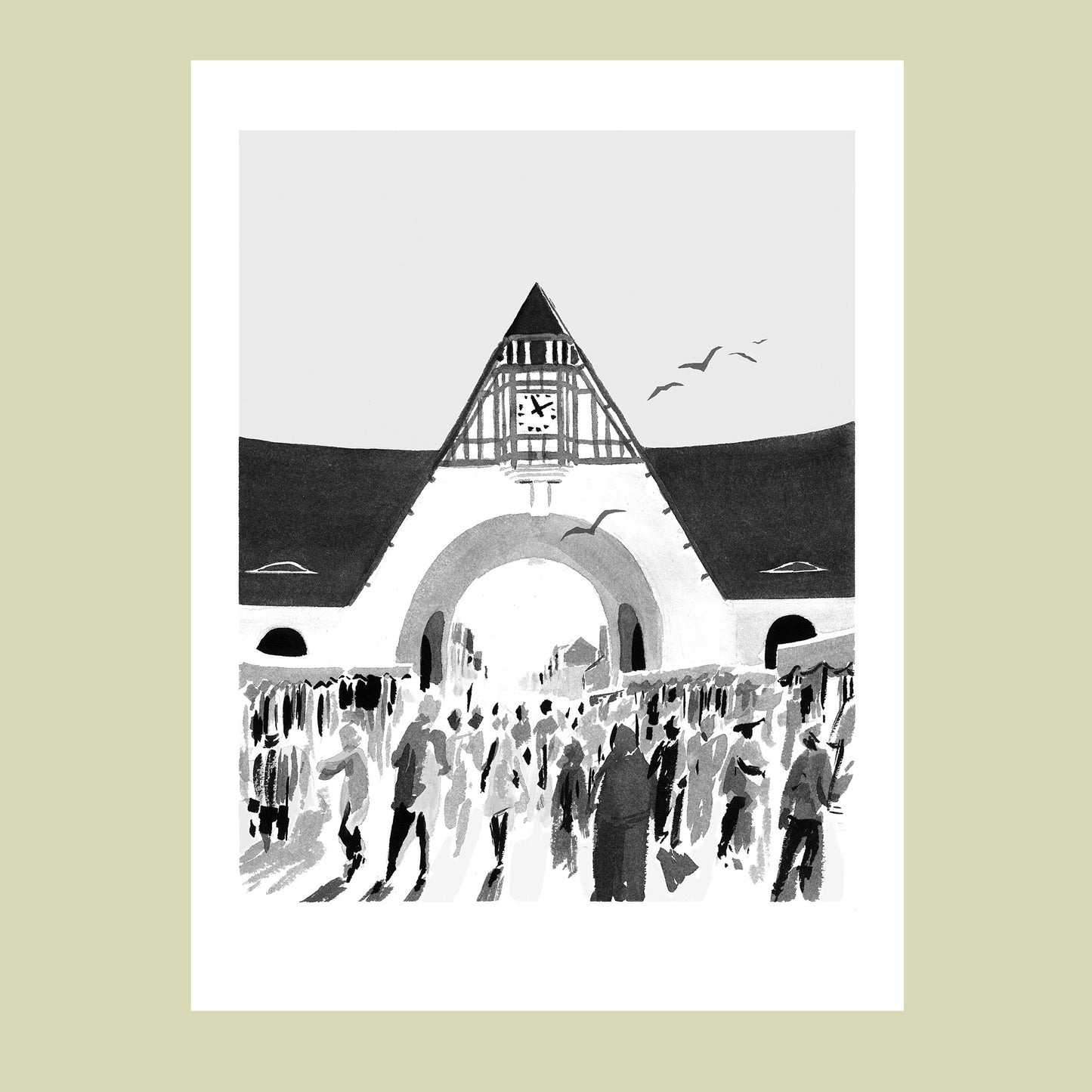 Affiche d'Art en noir et blanc de l'ambiance du marché du Touquet