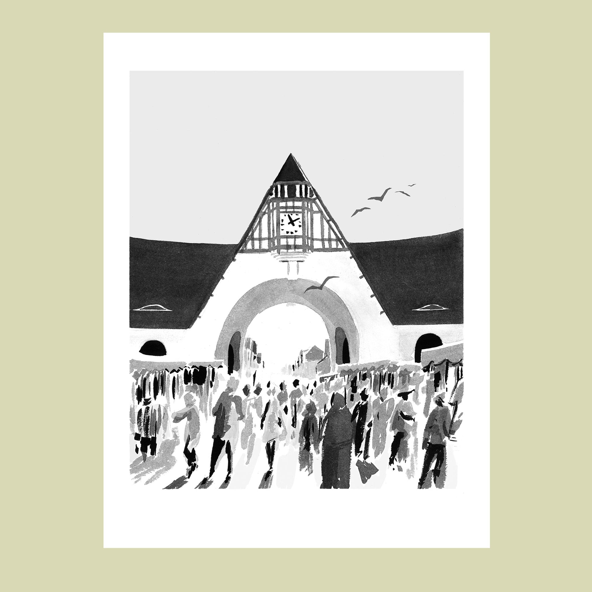 Affiche d'Art en noir et blanc de l'ambiance du marché du Touquet