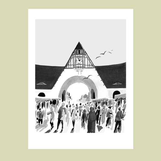 Affiche d'Art en noir et blanc de l'ambiance du marché du Touquet