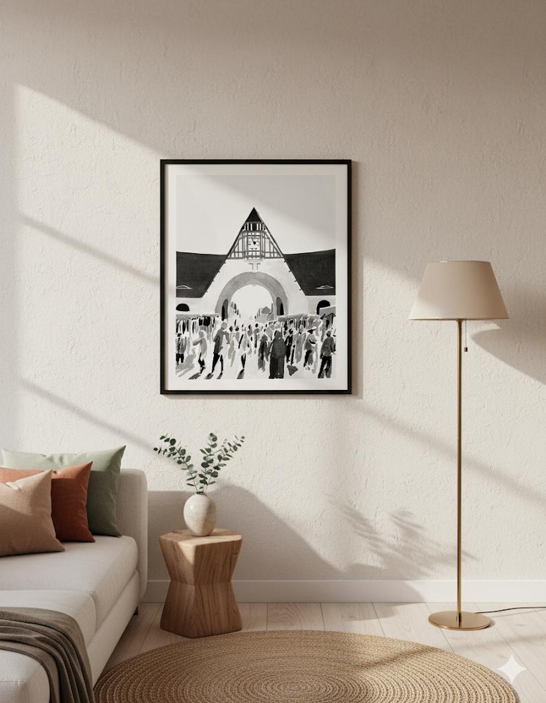 Encadrement affiche d'Art de l'ambiance du marché du Touquet dans un salon