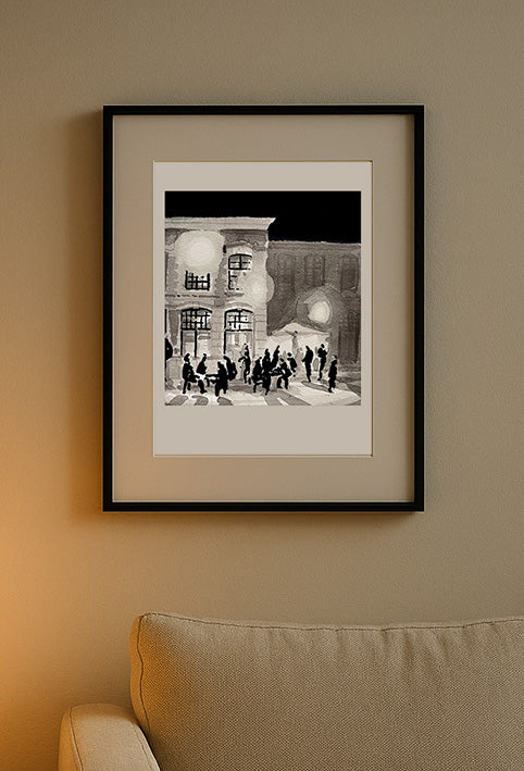 Affiche d'Art en noir et blanc du bar au Vieux de la Vieille à Lille encadrée dans un salon