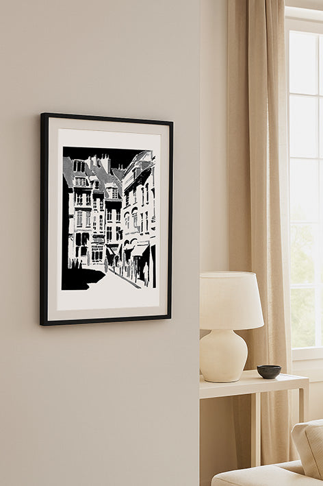 Affiche encadrée en noir et blanc des façades du Vieux Lille 