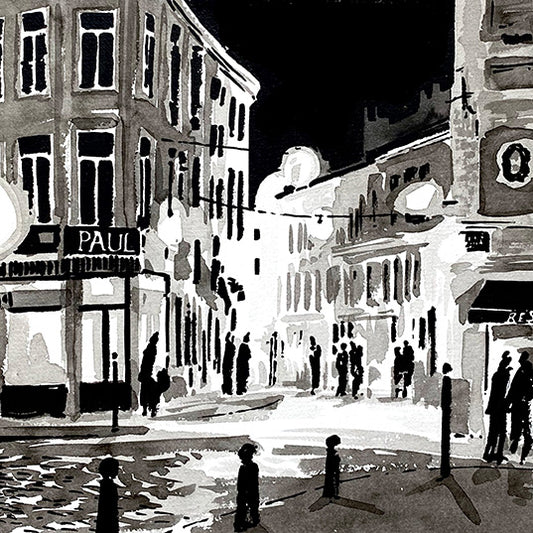 Détail d'une affiche d'Art d'une rue illuminée la nuit dans le Vieux-Lille