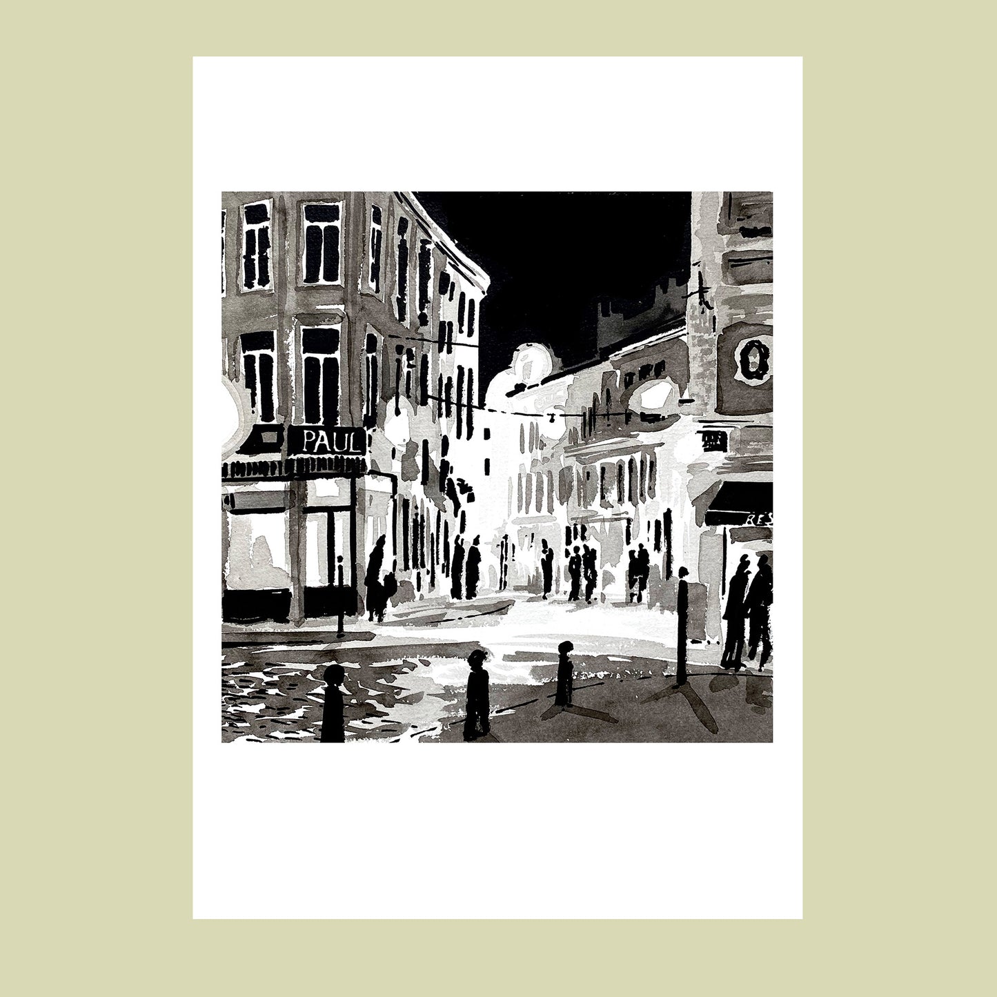 Affiche d'Art d'une rue illuminée la nuit dans le Vieux-Lille