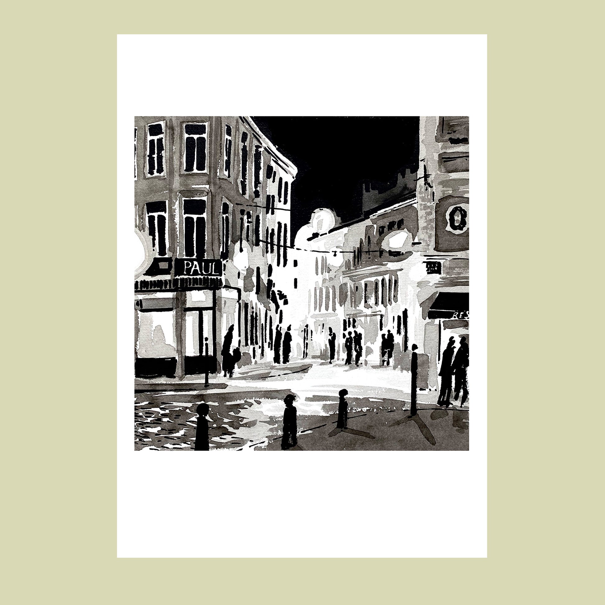 Affiche d'Art d'une rue illuminée la nuit dans le Vieux-Lille