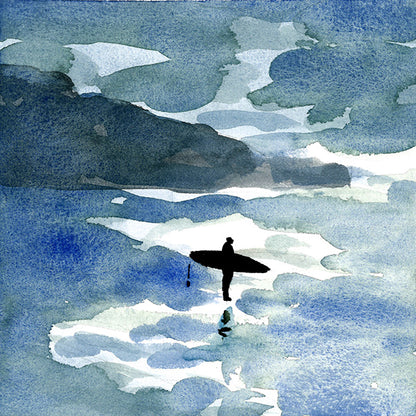 Détail d'une aquarelle de surfeur et reflets sur l'eau