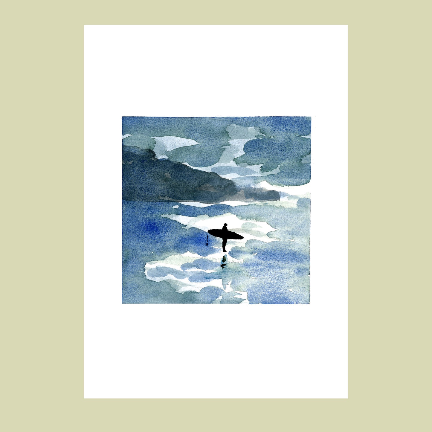 Aquarelle de surfeur et reflets sur l'eau