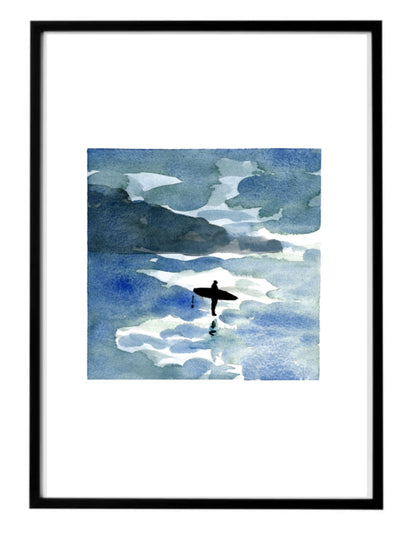 Encadrement d'un tirage d'art d'un surfeur sur la plage de Donnant à Belle-ile-en-mer avec reflets sur l'eau